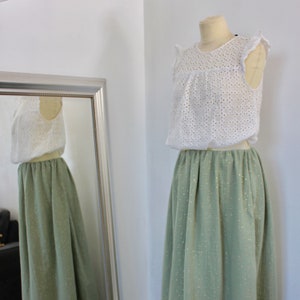 Long double gauze skirt in khaki cotton and gold dot