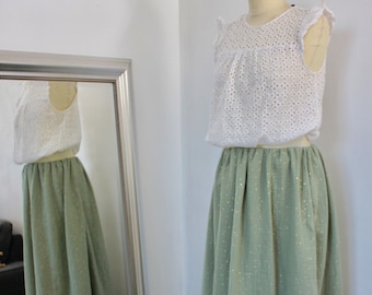 Long double gauze skirt in khaki cotton and gold dot