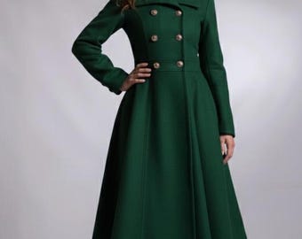 ダークグリーンのスイングウールコート、ヴィンテージ風プリンセス