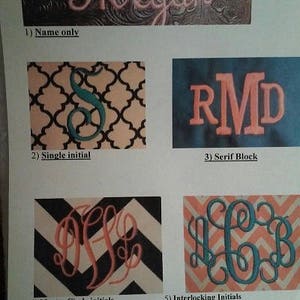 May include: A guide to personalization options for a product, showing different embroidery styles. The options include: Name only, Single initial, Serif Block, Master Circle initials, and Interlocking Initials. The text in the image reads: "Personalization Options -" and "(3 initials - first - LAST - middle)".