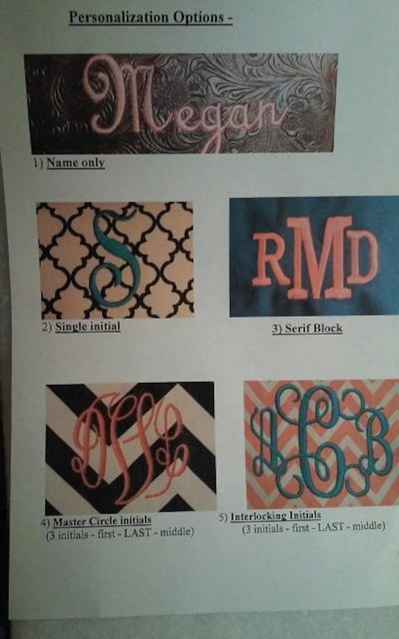 May include: A guide to personalization options for a product, showing different embroidery styles. The options include: Name only, Single initial, Serif Block, Master Circle initials, and Interlocking Initials. The text in the image reads: "Personalization Options -" and "(3 initials - first - LAST - middle)".