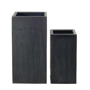 May include: Two dark grey, square planters of different sizes. The larger planter is rectangular and taller, while the smaller one is shorter and more square. Both have an open top and a textured surface, suitable for outdoor or indoor use.
