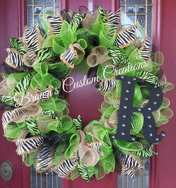 Items similar to Zebra Print Deco Mesh WreathGreen Animal Print Deco