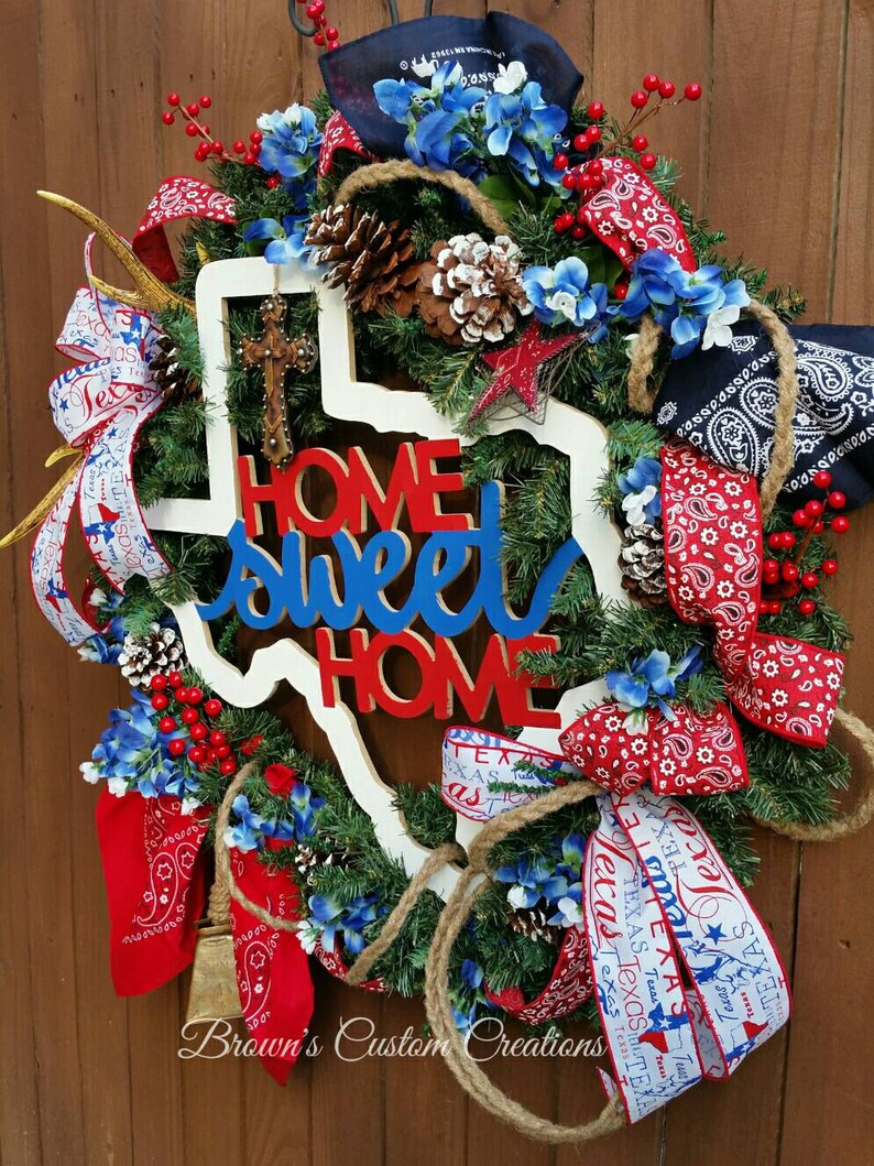 Red White Blue Texas Wreath Red Bandana Ribbon Wreath- Western Cowgirl Cowboy Wreath Country Chic Wreath Home Sweet Home Wreath