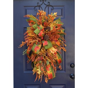 Fall Door Swag for Front Door, Autumn Teardrop Wreath, Harvest Decor, Handmade Fall Swag with Ribbon, Berries & Pinecones