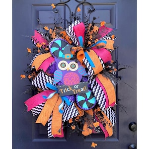 Halloween Süßes oder Saures Haustürkranz, Eule Willkommen Dekor, wunderliches Herbst Veranda Dekor, Halloween Dekor, Halloweenkranz