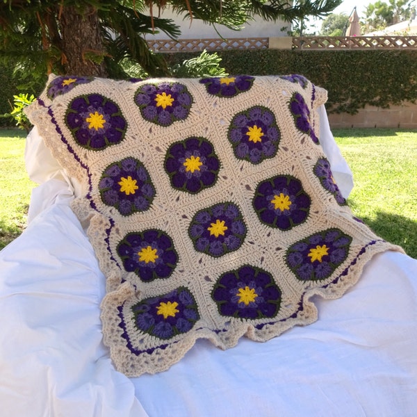 African Flower Afghan, Crochet Blanket, Crib Blanket, Sofa Throw, Purple Beige Throw, Granny Square Blanket, Baby Shower Gift, Housewarming