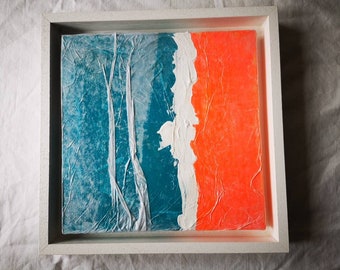 modernes Acryl Bild 20 x 20 cm, Orange, Weiß, Petrol im Schattenfugenrahmen