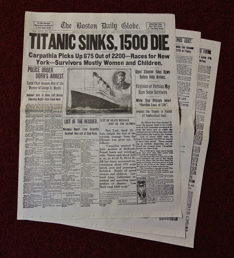 Vintage Reprint Of 1912 Titanic Sinks Boston Daily Globe Newspaper Morning Evening Edition Headline 12 Pages