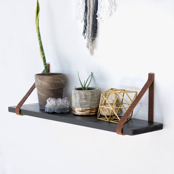 The Black Fawn Shelf Wood Hanging Shelves Leather Strap Shelving Rustic Minimalist Wall Bookshelf Modern Floating Mantle