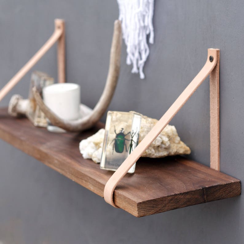 The Oryx Shelf Walnut Wood Hanging Shelves Leather Strap Image 0
