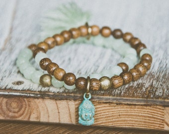 Sukhavati HAND MALA Bracelets  Wrist Mala / JADE + wOOd / SILk tassel / Patina Buddha charm / double set mala stack yOGa Meditation Mala