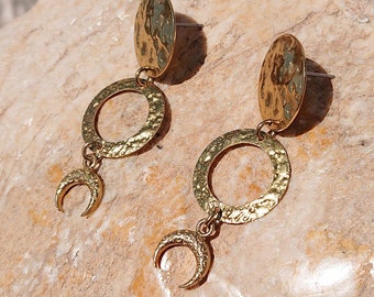 HERA earrings * Hammered Brass earrings with Crescent Moon