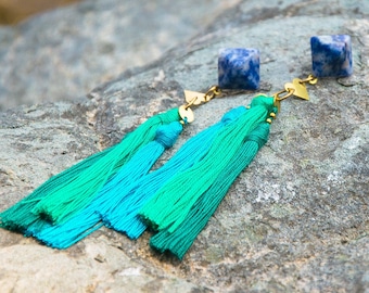 ATITLAN earrings Sodalite stone, Brass and Turquoise-hued water thread Tassels/ PYRAMID shape SODALITE stone Studs