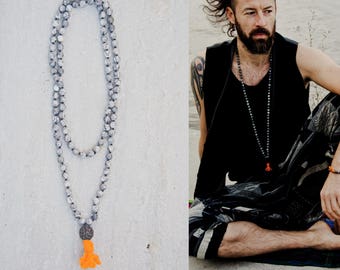 AGHORI MALA long Ash Gray Jasper necklace with a black RUDRAKSHA // fiery orange raw wool tassel / India hindu mala 108 bead mala Yoga