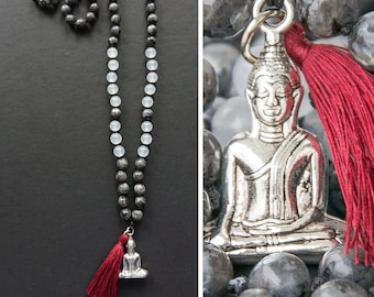 MEDITATION MALA  necklace // BUDDHA pendant / silk tassel / labradorite // Yoga Mala Buddhist mala