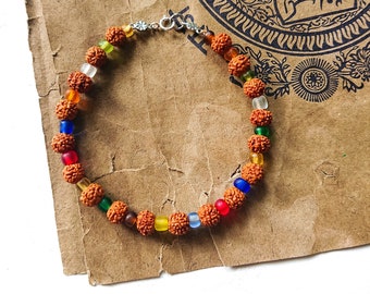 OSIAN rudraksha and colorful glass bracelet/ India rudraksha / yogini bracelet