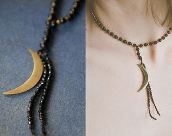 CRESCENT MOON choker beaded Onyx stone neckpiece / natural highly lustrous gemstone SPINEL / brass Crescent Moon / Gypsy Black Choker