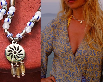 VANLIFE short necklace beaded Selenite and Labradorite stone neckpiece / Sun charm / Flower charm / Dreamcatcher charm