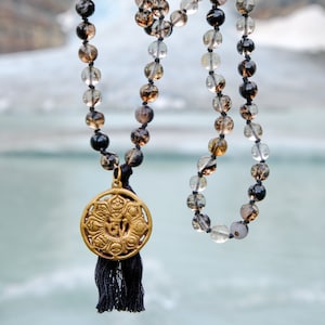 KHUMBU MALA necklace with Silk tassel Black Tourmaline glass and Tibetan Amulet / mala beads Yoga Necklace