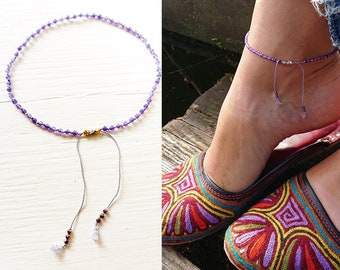 Amethyst ANKLET tiny Amethyst and SILK / pull-tie closure / Yogini anklet / adjustable Yoga Ankle Bracelet / Silk