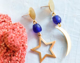 mismatched STAR and MOON earrings * RECYCLED Glass earrings * Gold Brass and Cobalt Blue