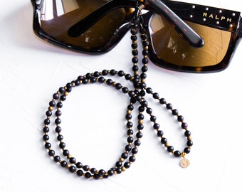 LOTUS Sandalwood and Hematite Bead Sunglass Chain and Necklace with Charm / 108 sandalwood Mala beads