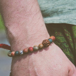 VARANASI bracelet / jasper and rudraksha / multicolored matte jasper stone / wool tassel / stretch bracelet image 3