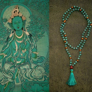 GREEN TARA MALA long jade necklace Bodhi seed Silk tassel Jade in sea green Yoga Necklace Yoga Mala image 1