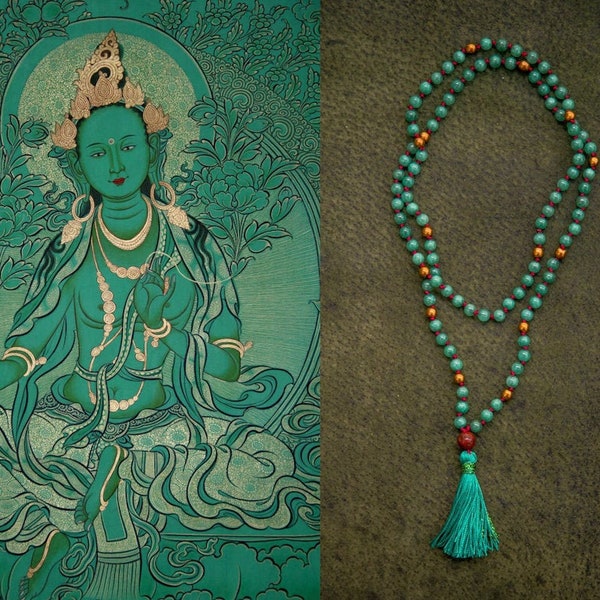GREEN TARA MALA long jade necklace Bodhi seed Silk tassel Jade in sea green Yoga Necklace Yoga Mala