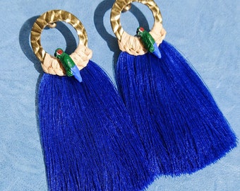 PARROT earrings Gold Brass and Fringe in Sapphire / Hoops with Raffia / Parrot tassel earrings