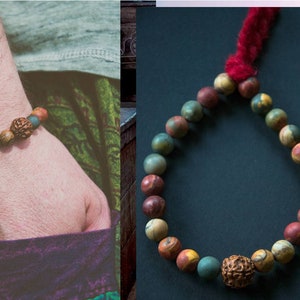 VARANASI bracelet / jasper and rudraksha / multicolored matte jasper stone / wool tassel / stretch bracelet image 1