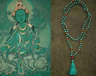 GREEN TARA MALA long jade necklace Bodhi seed Silk tassel Jade in sea green Yoga Necklace Yoga Mala