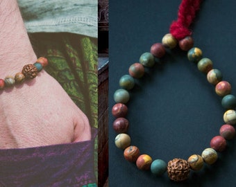 VARANASI bracelet  / jasper and rudraksha / multicolored matte jasper stone / wool tassel / stretch bracelet