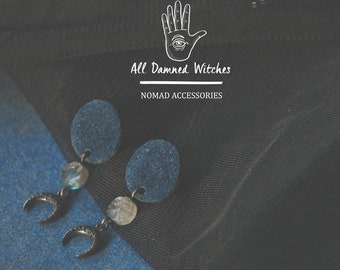 All Damned Witches dark blue Suede Earrings / Hand cut Labradorite / brass Black Crescent Moon / suede leather / surgical steel studs