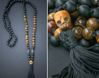 KALI MALA long necklace with a carved ox SKULL pendant with tassel Lava beads hindu mala 108 bead mala Yoga Necklace