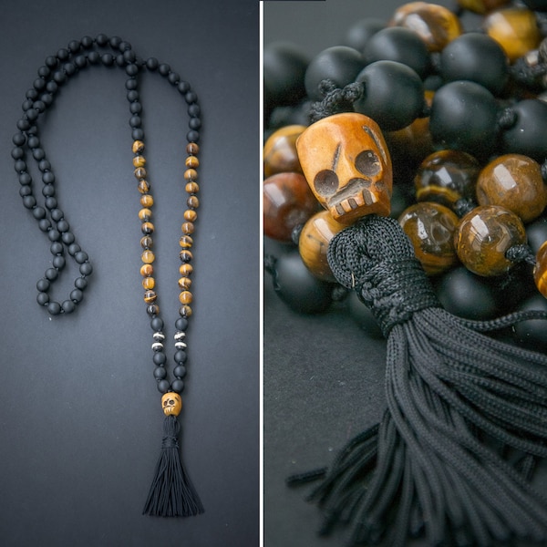 KALI MALA long necklace with a carved ox SKULL pendant with tassel Lava beads hindu mala 108 bead mala Yoga Necklace