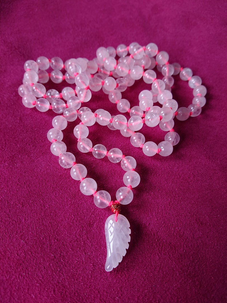 FREE SPIRIT Mala // Rose Quartz mala long necklace // quartz WING pendant / rose quartz / wing charm image 4