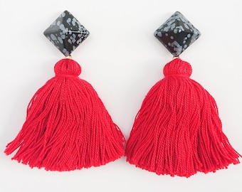 ZAPATA earrings Mexican Cotton / PYRAMID shape OBSIDIAN stone Studs / Red tassel earrings by Nomad Accessories