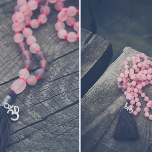 Heart Chakra Mala // ROSE Quartz MALA long necklace // OM pendant / silk tassel / rose quartz / om mala / om charm