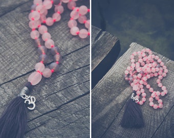 Heart Chakra Mala // ROSE Quartz MALA long necklace // OM pendant / silk tassel / rose quartz / om mala / om charm