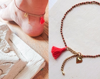 Frida ANKLET platinum gold hematite and SILK / heart charm / Yogini aklet / Yoga Hematite Stone Ankle Bracelet / Red Tassel