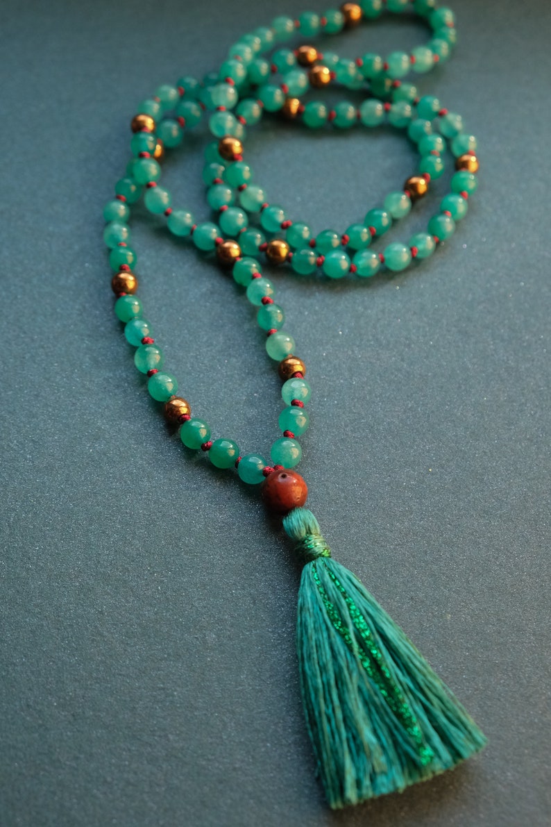 GREEN TARA MALA long jade necklace Bodhi seed Silk tassel Jade in sea green Yoga Necklace Yoga Mala image 4