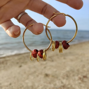 Gold Steel Hoops with Nepalese sherpa glass, the Sea Gypsies bold golden hoops