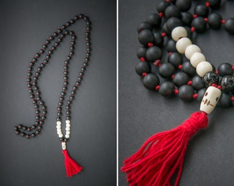 SKULL MALA long necklace with a carved yak bone SKULL // skull pendant with tassel / lava beads / mala rosary fashion look / Yoga Necklace