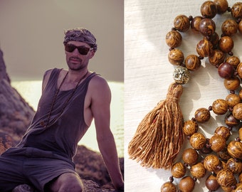 WANDERLUST MALA long Cobra Jasper from the Himalayas necklace with a natural SILK tassel // unisex mala 108 bead mala Yoga