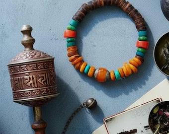 Tibetan Beaded Bracelet, Turquoise Magnesite Coral Bracelet, Vintage Boho Bracelet, Tribal Nomad Jewelry, Potala Bracelet