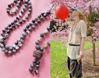 Amazonite BUDDHA MALA long necklace with a carved wooden Buddha pendant / Buddhist mala / SAKURA edition