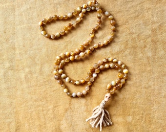 MAHAKALA MALA golden tiger eye quartz necklace with a carved bone SKULL // skull pendant with tassel // 108 bead mala / Yoga Necklace