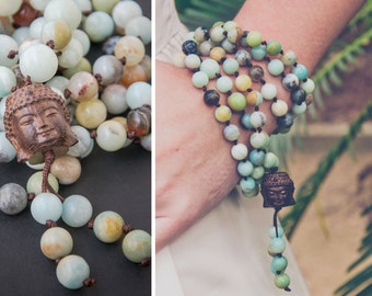 AMAZONITE BUDDHA MALA long necklace with a carved wooden Buddha // Buddha pendant / Buddhist mala / Yoga Necklace